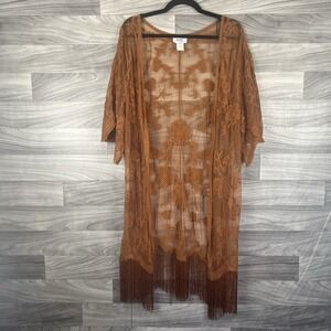 Jody California Cardigan Women S/M Orange Rust Long Lace Floral Open Sheer Cover